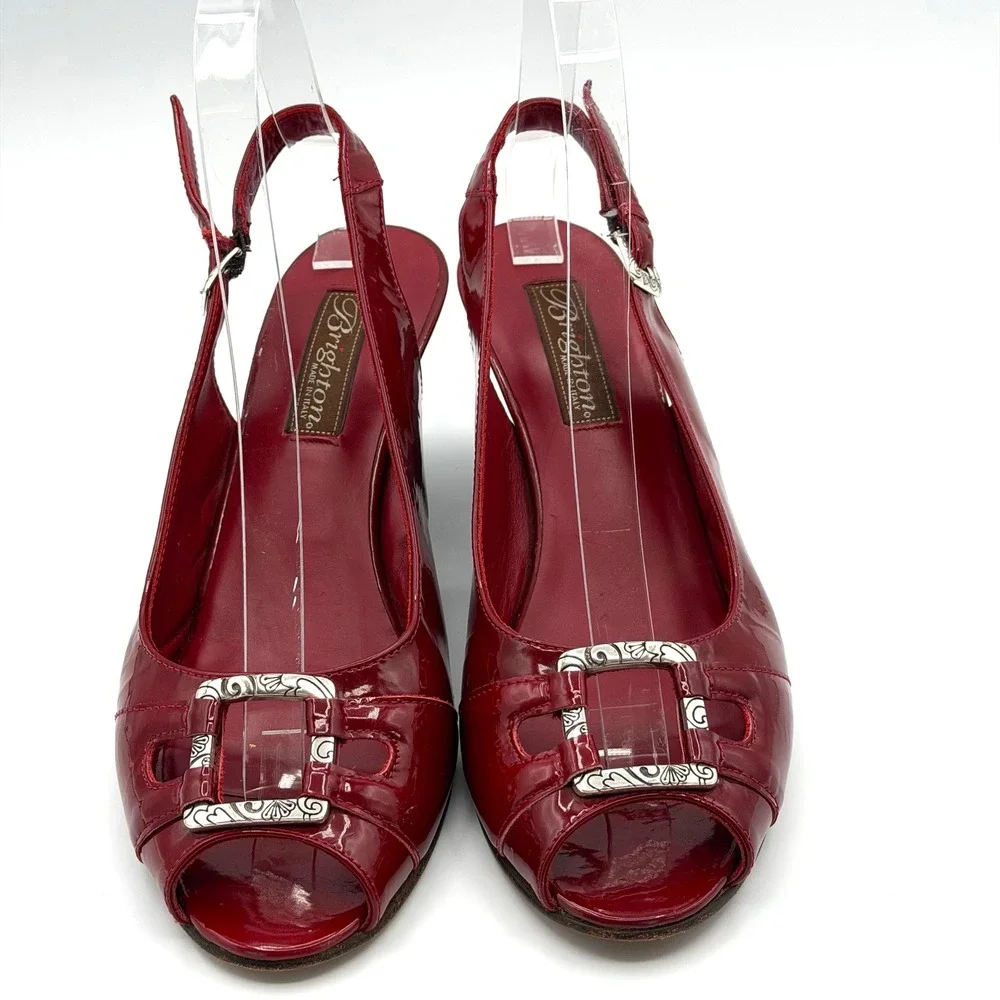 Brighton Napoli Wedge Sandals Women 8M Red Patent Leather Slingback Buckle Chic